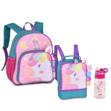 Imagem de Kit Mini Mochila De Costas Lancheira Térmica Garrafa Unicórnio - Clio 