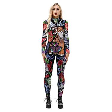 Imagem de Yajun Macacão feminino de festa de Halloween fashion stretch slim fit body uma peça elegante macacão skinny com zíper, tigre, G (busto: 87 cm)