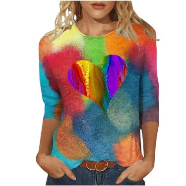 Imagem de Camisas de manga 3/4 para mulheres verão outono gola redonda colorida ajuste solto blusa longa tie dye blusas femininas 2024, D-081 multicolorido, 4G