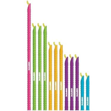 Imagem de GripStic Clipes de saco sortidos de 12 peças. Clipes duráveis e reutilizáveis selam os sacos de alimentos herméticos. O conjunto inclui: (2) azul de 12,7 cm, (3) roxo de 18,4 cm, (3) laranja de 22,2