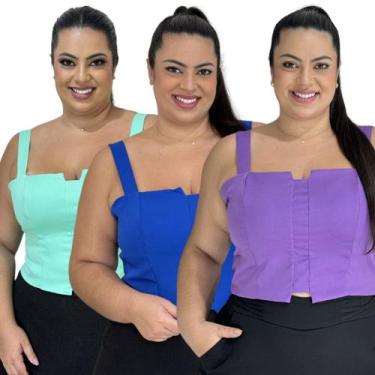 Imagem de Kit 3 Cropped Top Plus Size Alfaiataria Luxo Com Detalhe Lastex Moda F
