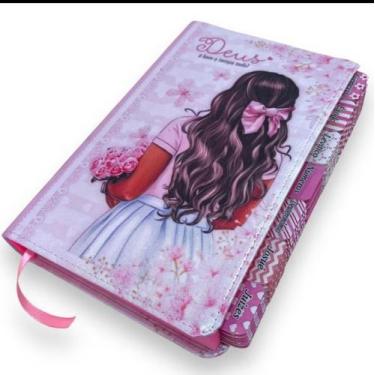 Imagem de Bíblia arc garota cristã com abas adesivas coladas + letra hipergigant