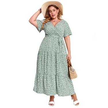 Imagem de KOJOOIN Vestido longo feminino plus size com decote em V, cintura alta, babados, manga curta, vestido casual de verão com cinto, Flor de folha verde e branca, 4G