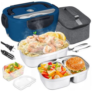 Imagem de Marmita Elétrica Portátil 3 em 1, 1,5L com 2 Fontes de Alimentação 12V ou 110V e à Prova de Vazamento, 60W, Vovoir, Azul