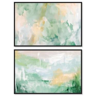 Imagem de Art Remedy Conjunto de tela verde duplo com 2 arte verde e azul, moldura preta, 61 x 40 cm
