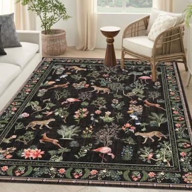 Imagem de Tapete de área preto lavável 9,5 cm x 1,5 m floral botânica grande tapete para sala de estar, guepardo, flamingo, veado, boho, antiderrapante, macio, oriental, vintage, quarto, tapete colorido, sala