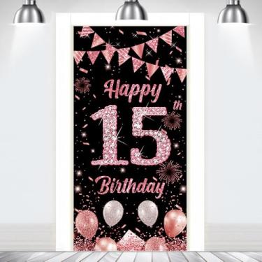 Imagem de Banner de porta de feliz aniversário, decoração de aniversário de 15 anos, ouro rosa e preto, decoração de 15 anos, decoração de festa, decoração de cabine 180 × 90 cm