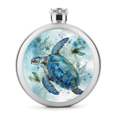Imagem de Cantil de aço inoxidável, tartaruga marinha com estampa azul cantil de bolso garrafa de viagem garrafa portátil de licor