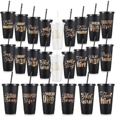 Imagem de Baderke 12 peças de copos de plástico para festa de aniversário de 680 g com tampa e canudo para decorações de aniversário de 20, 30, 40, 50, 60 anos, lembrancinha para mulheres e adultos (preto)