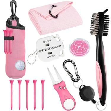 Imagem de karamagic Kit de acessórios de golfe com 11 peças, inclui camisetas de golfe, toalha de golfe, bolsa de bola de golfe com escova de limpeza de gancho, marcador de bola de golfe, ferramenta de divô de