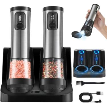 Imagem de Conjunto de moedor elétrico de sal e pimenteiro, recarregável, automático, saleiro e pimenteiro com tampa, visor externo ajustável, grossura de energia/engrenagem, LED, 2 pacotes