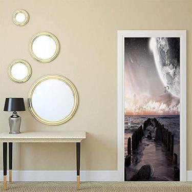 Imagem de Adesivo de papel de parede com pintura de parede para porta de quarto, lua fantasia planeta praia com cais antigo com ondas do mar ficção eclipse céu paisagem, para dormitórios, escritórios e