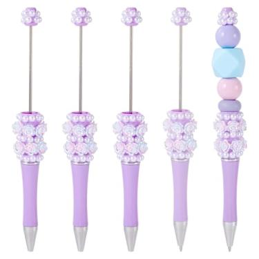 Imagem de Spritewelry Canetas com contas de flor de pérola, 5 peças de canetas de contas brilhantes de flores rosas extravagantes, faça você mesmo, caneta esferográfica de tinta preta de plástico para