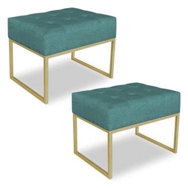 Imagem de Kit 02 Puffs Lisa Suede Azul Turquesa Base Metálica Industrial Dourado