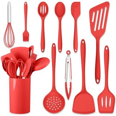 Imagem de HaWare Conjunto de 11 utensílios de cozinha de silicone, resistentes ao calor com suporte, conjuntos de espátulas de grau alimentício para panelas antiaderentes, utensílios de cozinha incluem espátula