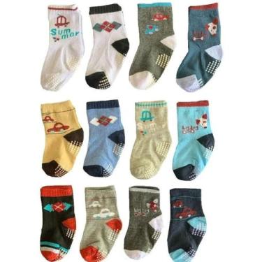 Imagem de Kit 12 Pares Meias Bebê Infantil Menino Antiderrapante 0 a 12 Meses - 