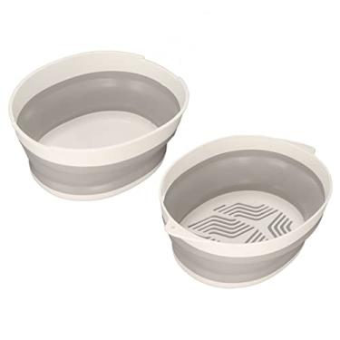 Imagem de Cesta de drenagem de camada dupla dobrável, portátil, escorredor de cozinha, cesta de armazenamento de frutas e vegetais para cozinha, viagem ao ar livre, plástico, material de (Cinza Branco Pequeno)