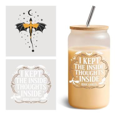 Imagem de Conjunto de 2 peças de envoltórios de copo DTF UV quarta asa para vidro de 473 ml, decalque de transferência a frio para copos de vidro I Kept The Inside Thoughts Inside, Bookish, Dragons Vinyl