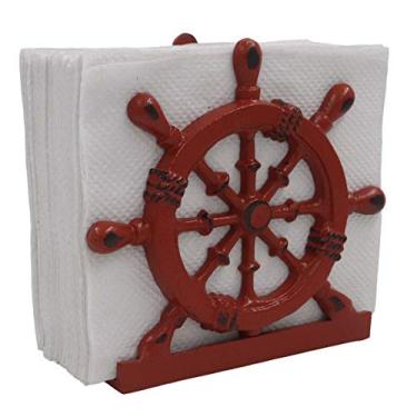 Imagem de THDC Suporte de guardanapo náutico, almoço, jantar, porta-guardanapos coleção náutica, feito de metal (roda vermelha angústia)