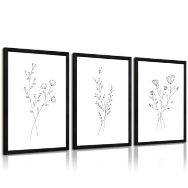 Imagem de Baccone Conjunto de 3 arte de parede de linha de flores, decoração de parede em tela botânica, arte de parede minimalista, imagens abstratas de plantas, impressões de linha de flores, preto e branco