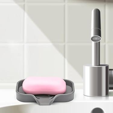 Imagem de Pacote com 2 saboneteiras de silicone, organizador de pia de banheiro e cozinha, suporte de esponja, bandeja de sabonete, perfeito para dispensador, esfregão, garrafa, copo na pia ou balcão (cinza, 2