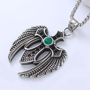 Imagem de Colar masculino vintage de aço inoxidável com cruz de esmeralda e pingente de asa design retrô de inspiração gótica BLC505-P, One Size, Aço inoxidável, Sem Pedra Preciosa