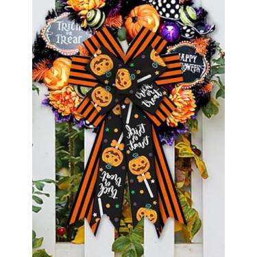 Imagem de Grandes laços de guirlanda de Halloween, laços de abóbora de Halloween para guirlandas, laços listrados laranja e preto para porta da frente, enfeites de parede com bolinhas de doces para decoração de