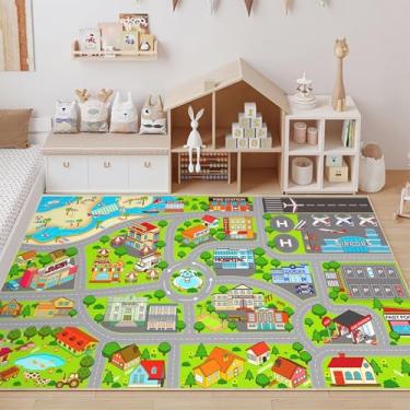 Imagem de Tapetes de carro para meninos, carros de brinquedo para crianças, tapete de estrada grande para sala de jogos, tapete de pista de aeroporto, tapete de 10 x 15 m, tapete educativo divertido para chão