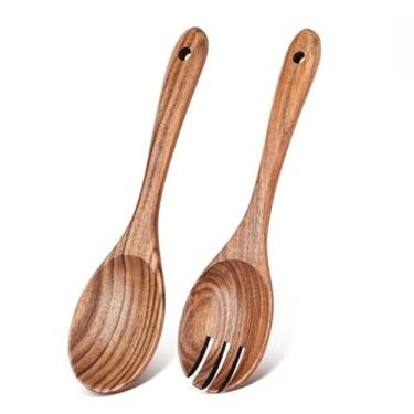 Imagem de Conjunto de servidor de salada de madeira, conjunto de utensílios de 2 peças com colher de salada e garfo para jogar, misturar e servir, ideal para saladas e massas, marrom