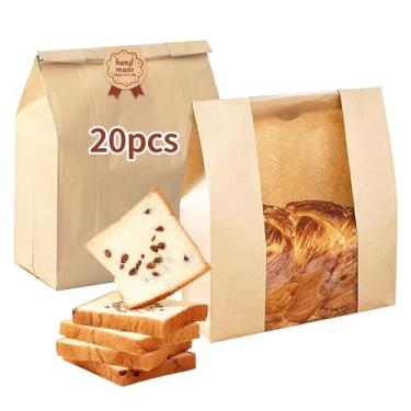 Imagem de Sacos de pão, 20 peças de sacos de pão de papel grosso com janela, 50% mais espessos para biscoitos caseiros, salgadinhos, sacos de armazenamento de padaria com adesivos de vedação e laços (33 x 16 x