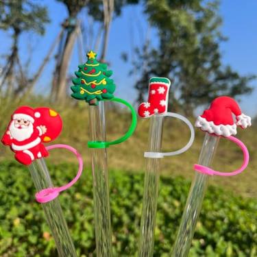 Imagem de 4 peças de topo de palha de Natal, capa de palha de Natal para Stanley 850 g e copo de 1,134 g com alça, acessórios de copo Stanley de silicone para meias