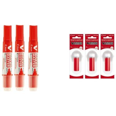 Imagem de Kit 3 Marcadores Para Quadro Branco + 3 Refil Pilot V-board Master Vermelho