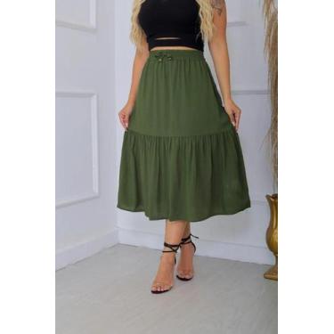 Imagem de Saia Midi Gode Cintura Alta Rodada Em Viscolinho - VERDE MILITAR - Cli