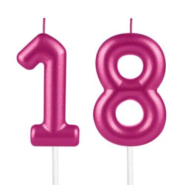 Imagem de Velas vermelhas metálicas de aniversário 18, velas vermelhas metálicas número 18 para decoração de topo de bolo, mulheres, homens, casamentos, comemorações, artigos de festa feliz