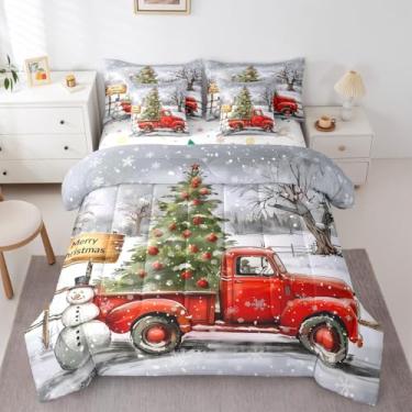 Imagem de Erosebridal Conjunto de edredom solteiro Chritsmas vermelho com lençol de árvore de Natal, 7 peças, enfeites de Natal, cama em uma bolsa, conjunto de colcha de inverno e neve