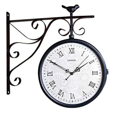 Imagem de Relógio redondo de ferro forjado com aparência antiga para pendurar na parede, dupla face, duas faces, retrô, para pendurar na parede, decoração de casa, relógio de parede, decoração
