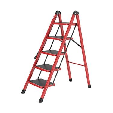 Imagem de Escadas dobráveis escada dobrável multiuso portátil 4 degraus com borracha algodão aderência única escada de metal leve para casa escada resistente (cor: vermelho) (vermelho)