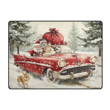Imagem de Blueangle Tapetes de Natal laváveis de 10 x 13 cm para sala de estar - Tapete ultramacio antiderrapante resistente a manchas com estampa de carro vermelho vintage, decoração de férias para quarto e