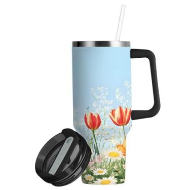 Imagem de ATTX Lindo copo de tulipa aquarela de 850 g com alça, copo de aço inoxidável a vácuo de parede dupla com palha, caneca de café de viagem isolada #306