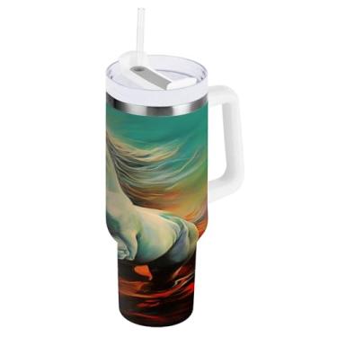 Imagem de Blueangle Copo isolado de 1,134 g com alça e tampa de canudo - Caneca de viagem de aço inoxidável à prova de vazamento, garrafa de água de pintura a galope de cavalo a vácuo de parede dupla (902)