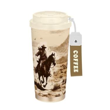 Imagem de SEHANY Caneca de viagem vintage caubói ocidental 482 g xícaras de café reutilizáveis revestidas de cerâmica com tampa à prova de vazamento, parede dupla, isolamento a vácuo, copo de café de aço