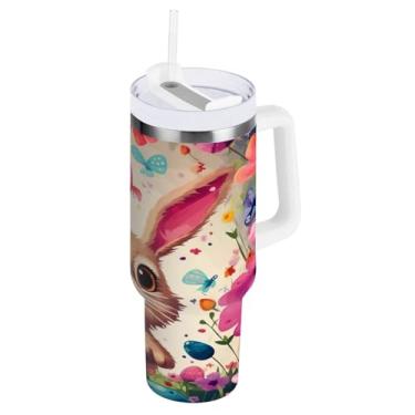 Imagem de ATTX Copo de coelho fofo de Páscoa de 850 g com alça, copo de aço inoxidável a vácuo de parede dupla com palha, caneca de café de viagem isolada #468