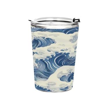 Imagem de Blueangle Copo de 340 g com tampa e canudo, copo de café com água isolada a vácuo de aço inoxidável, caneca de viagem de ondas japonesas, copo térmico para bebidas quentes e frias (225)