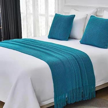 Imagem de JONKMY Colcha de cama de corredor de cama moderna cor sólida tricotada cobertor de cama borla luxo macio confortável protetor de cama para pé da cama toalha de cama decoração - Azul||63 x 172 cm (cama