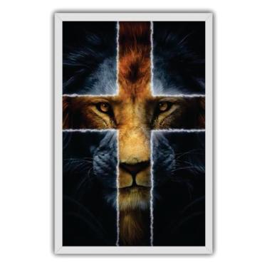 Imagem de Quadro Decorativo 90x60 Moldura Madeira Leão Cruz de Cristo Cor da Moldura:Branco