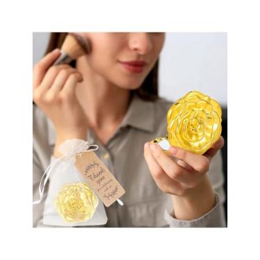 Imagem de 1 peça de presente de chá de panela pequeno espelho portátil com padrão rosa para convidados, espelho de viagem rosa com pincel, inclui etiqueta de agradecimento, corda de juta e bolsa de organza