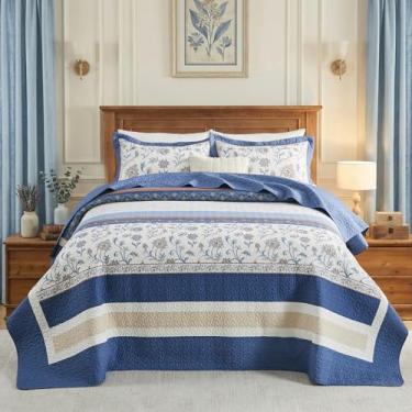 Imagem de QuiltMuse Colcha Queen extragrande 100% algodão 259 x 304,8 cm - Colcha de fazenda vintage leve com 2 fronhas, conjunto de colcha de cama listrada floral reversível, 3 peças, azul escuro/marrom/creme