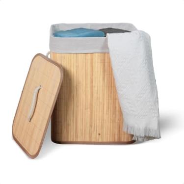 Imagem de Cesto De Roupa Suja De Bambu Com Tampa E Alças 50 Litros Forrado Quarto Sala Banheiro