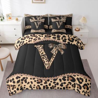 Imagem de Conjunto de edredom solteiro com letra V e laço de chita africana - Conjunto de cama de 7 peças com estampa de leopardo, para meninas, mulheres e adultos, moderno, com laço coquete, leopardo, guepardo