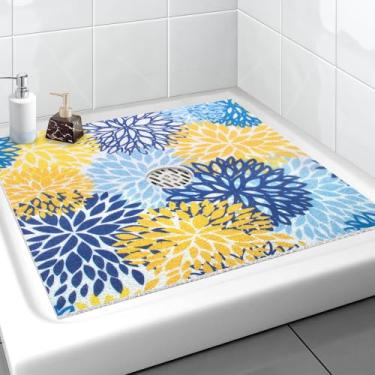 Imagem de Tapete de chuveiro quadrado, Yonala 68 x 68 cm, tapetes de chuveiro antiderrapantes elegantes para chuveiro interno com orifício de drenagem central, tapete de chuveiro antiderrapante de PVC macio e